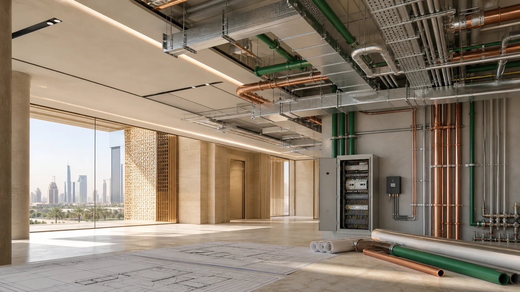 Saudi commercial project showing integrated MEP systems and coordinated interiors