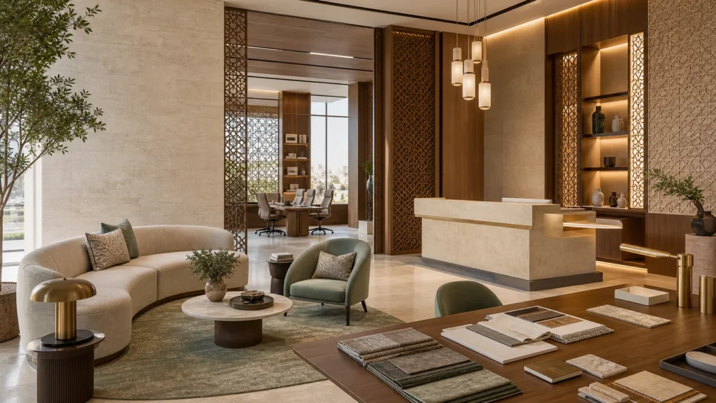 Saudi-inspired commercial interior showing FF&E solutions for a ready-to-use space