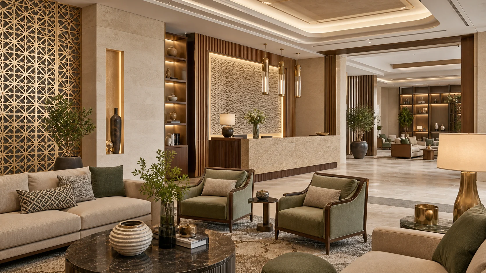 Finished Saudi commercial lounge with coordinated furniture fixtures and equipment