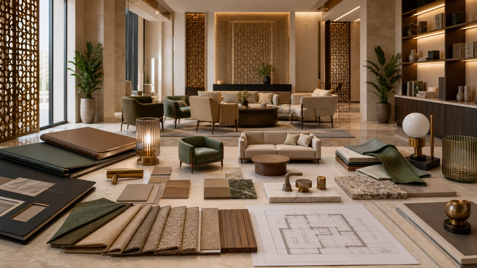 FF&E material samples and furniture coordination elements for Saudi interior projects