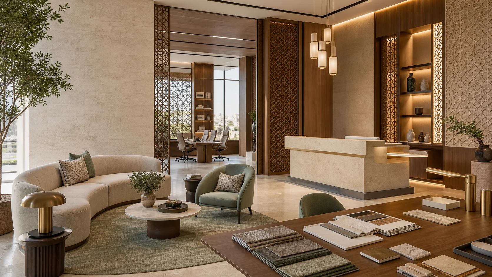 Saudi-inspired commercial interior showing FF&E solutions for a ready-to-use space